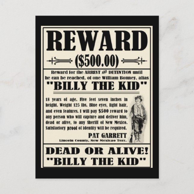 Cartão Postal Billy the Kid queria Poster (Frente)