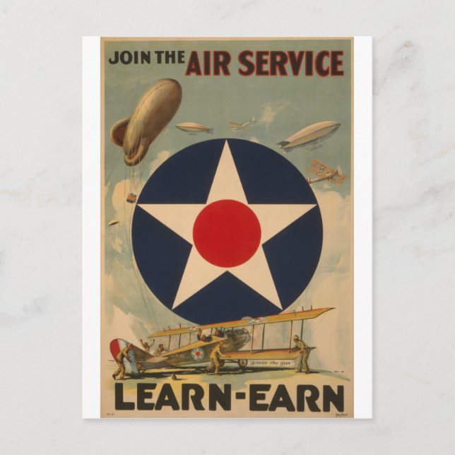 Cartão Postal Biplane Blimp Avião Vintage Art (Frente)