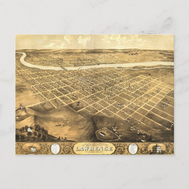 Cartão Postal Bird's Eye View of Lawrence, Kansas (1869) (Frente)