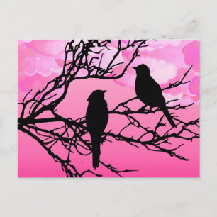 Cartão Postal Birds on a Branch, Black Against Dawn Pink