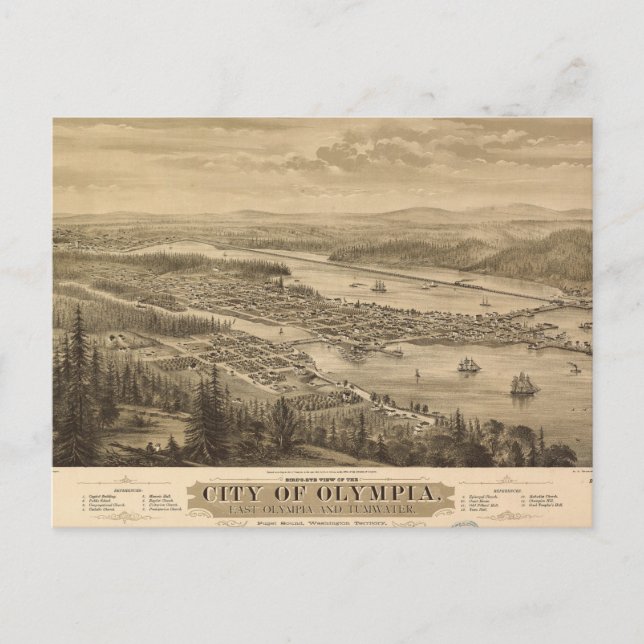Cartão Postal Birdseye view of Olympia, Washington (1879) (Frente)