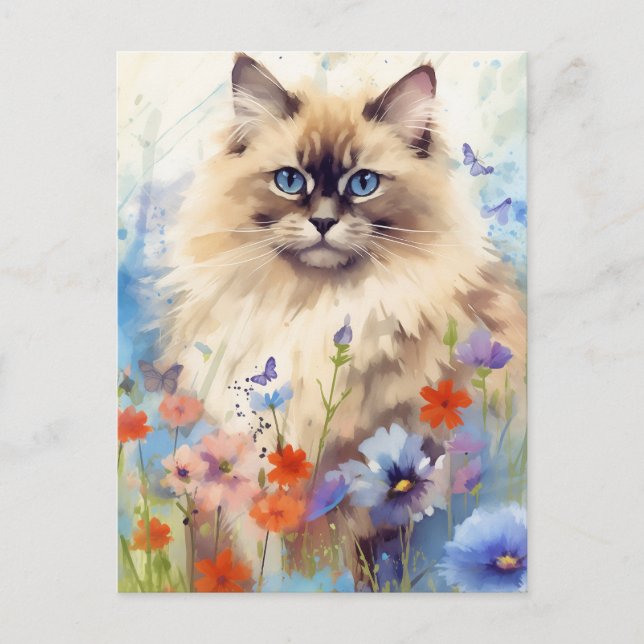 Cartão Postal Birman Cat cercado por flores (Frente)