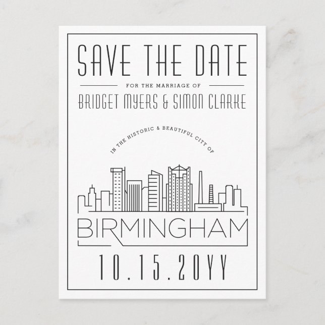 Cartão Postal Birmingham Wedding Stylized Skyline Salvar a Data (Frente)