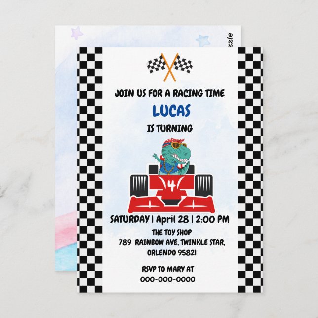 Cartão Postal Birthday Dinosaur, corrida de carros, garotinho ve (Frente/Verso)