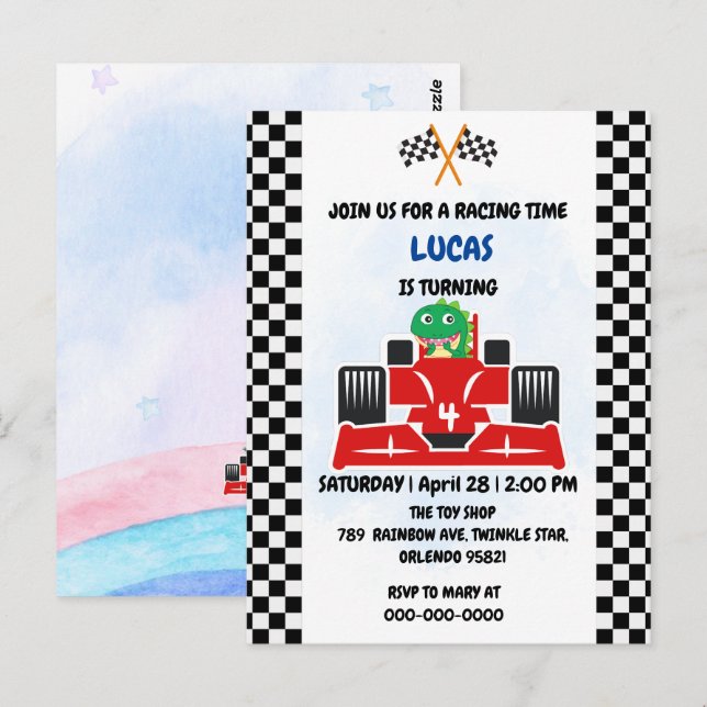 Cartão Postal Birthday Dinosaur, corrida de carros, garotinho ve (Frente/Verso)