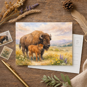 Cartão Postal Bisão Aquarela Natureza-Vida Selvagem Campo