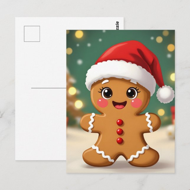 Cartão Postal Biscoito de gengibre fofo com chapéu de Natal (Frente/Verso)