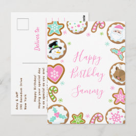 Cartão Postal Biscoitos de Natal Rosa e Verde Feliz Aniversário