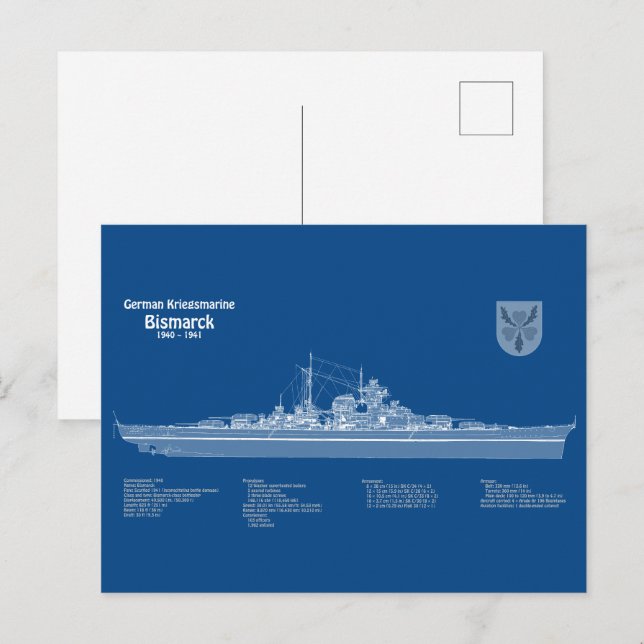 Cartão Postal Bismarck - Planos de Impressão Blueprint do Batalh (Frente/Verso)