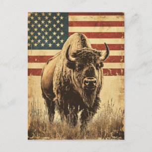 Cartão Postal Bison American Flag Vintage