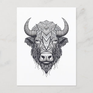 Cartão Postal Bison Buffalo Preto e Retrato Branco