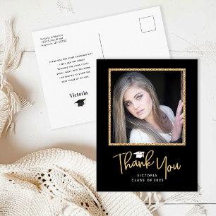 Cartão Postal Black and Gold Glitter Photo Graduation Thank You