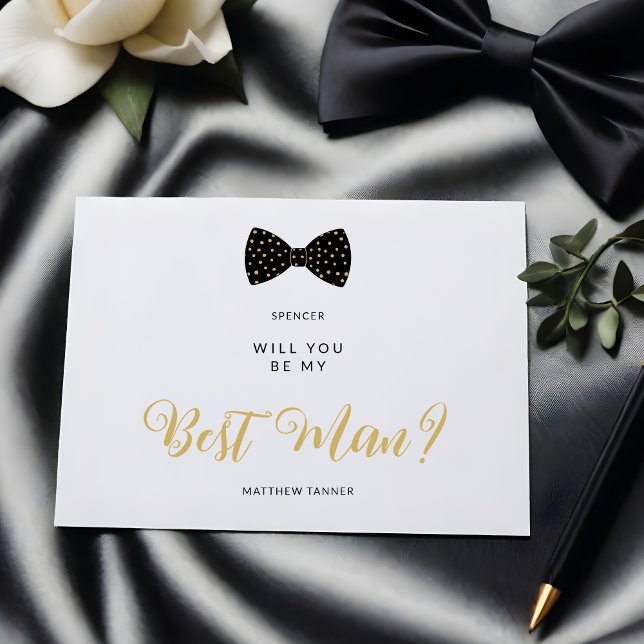 Cartão Postal Black Best Man Vintage Bow Wedding Proposal (Cute Black & Faux Gold Polka Dots Vintage Bow Tie Best Man Wedding Proposal Postcard.)