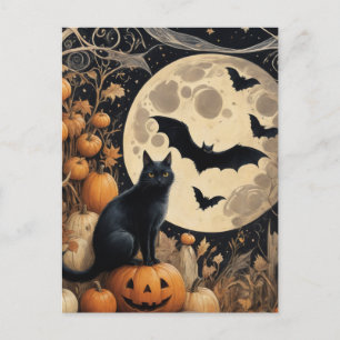 Cartão Postal Black Cat and Bats do Halloween