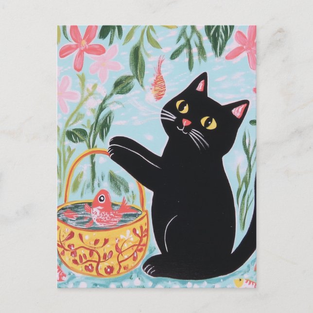 Cartão Postal Black Cat com Goldfish (Frente)