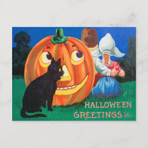 Cartão Postal Black Cat Jack O Lanterna Crianças de Abóbora