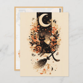 Cartão Postal Black Cat on Witch’s Broom Under the Moon