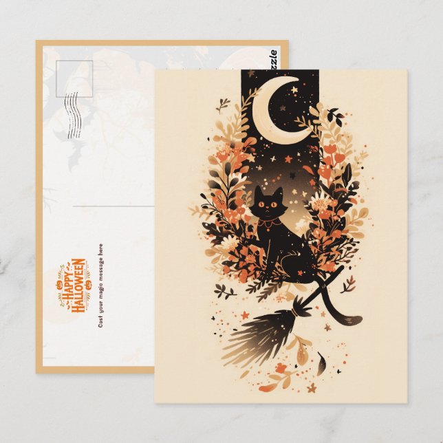 Cartão Postal Black Cat on Witch’s Broom Under the Moon (Frente/Verso)