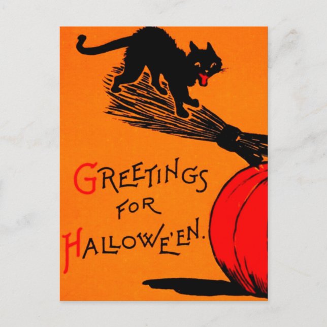 Cartão Postal Black Cat Pumpkin & Broomstick Vintage Halloween  (Frente)