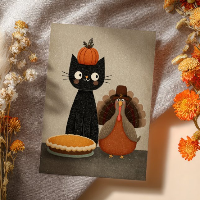 Cartão Postal Black Cat, Turkey& Pumpkin Pie Cute Thanksgiving (Criador carregado)