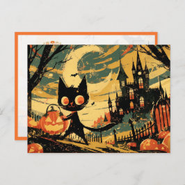 Cartão Postal Black Cat with Pumpkin Bucket by the Castle