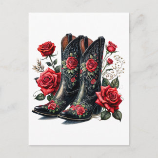 Cartão Postal Black Cowboy Boots With Red Roses