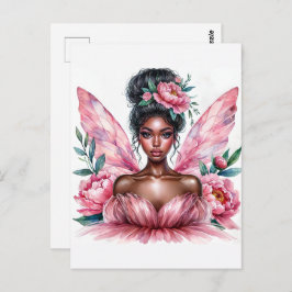 Cartão Postal Black Girl Fairy Pink Peonies Watercolor