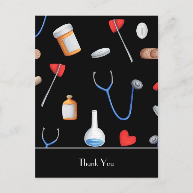 Cartão Postal Black Hospital Equipment Doctor Nurse Thank You (Frente)