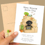 Cartão Postal Black Labrador New House Moving Announcement<br><div class="desc">Announce your move with this adorable Black Labrador Retriever moving announcement card featuring a happy black Lab puppy sitting in a stack of moving boxes holding a “We’ve Moved” sign. The charming watercolor illustration and cozy moving details make it perfect for Labrador lovers sharing their exciting new home. Personalize the...</div>