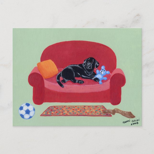 Cartão Postal Black Labrador no sofá rosa (Frente)