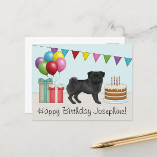 Cartão Postal Black Pug Cachorro Cartoon Bonito Aniversário Feli