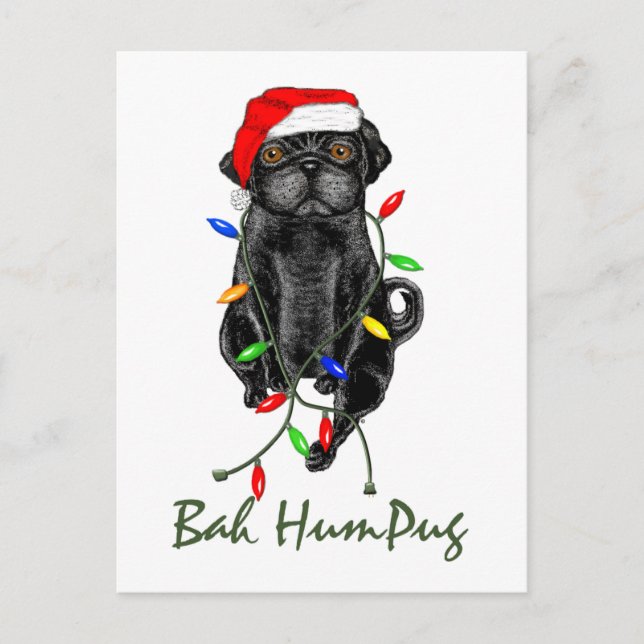 Cartão Postal Black Pug Dog Bah Humpug Engraçado Natal (Frente)