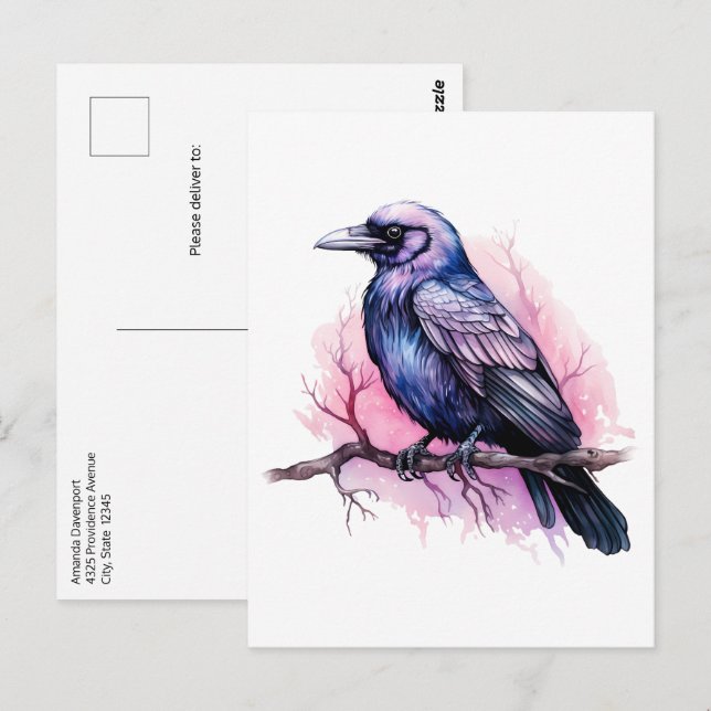 Cartão Postal Black Raven em uma Ilustração de Ramificação (Frente/Verso)