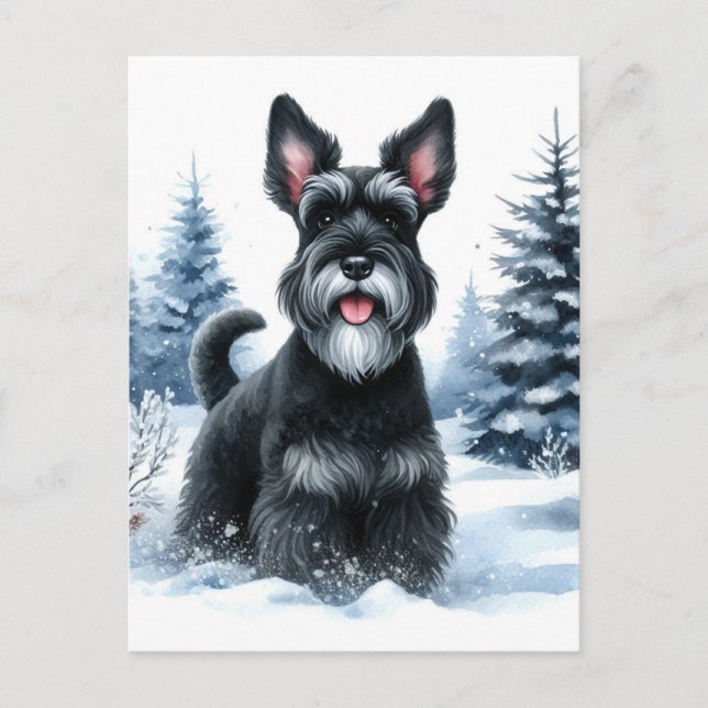 Cartão Postal Black Schnauzer Winter Watercolor Art (Frente)