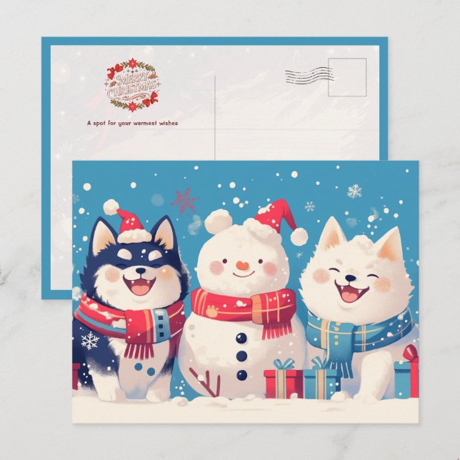 Cartão Postal Black Shiba Inu and Samoyed dog with Snowman (Frente/Verso)