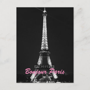 Cartão Postal Black White Eiffel Tower Bonjour Paris Night