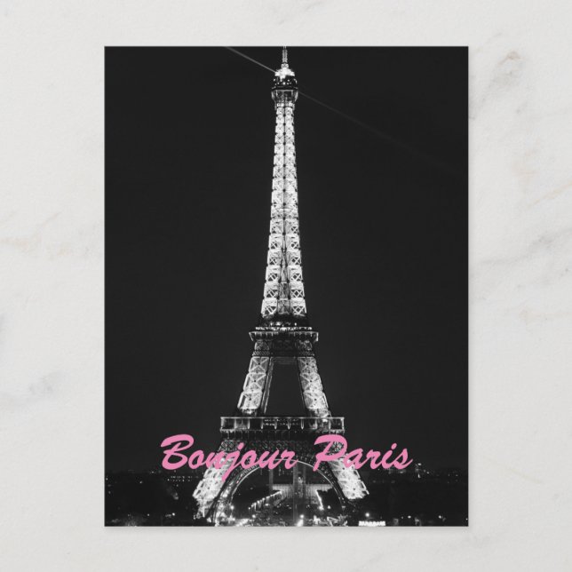 Cartão Postal Black White Eiffel Tower Bonjour Paris Night (Frente)