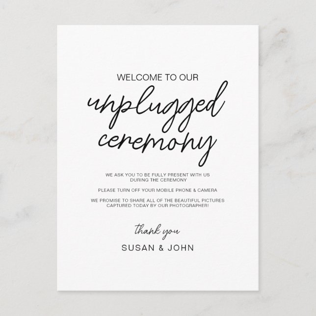 Cartão Postal Black & White Modern Unplugged Wedding Sign  (Frente)