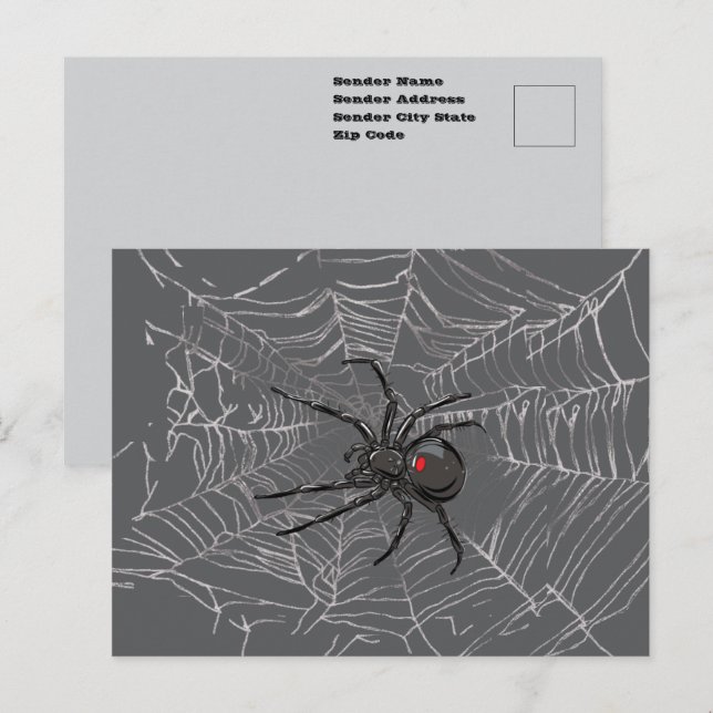 Cartão Postal Black Widow Spider And Spiderweb Drawing Art (Frente/Verso)