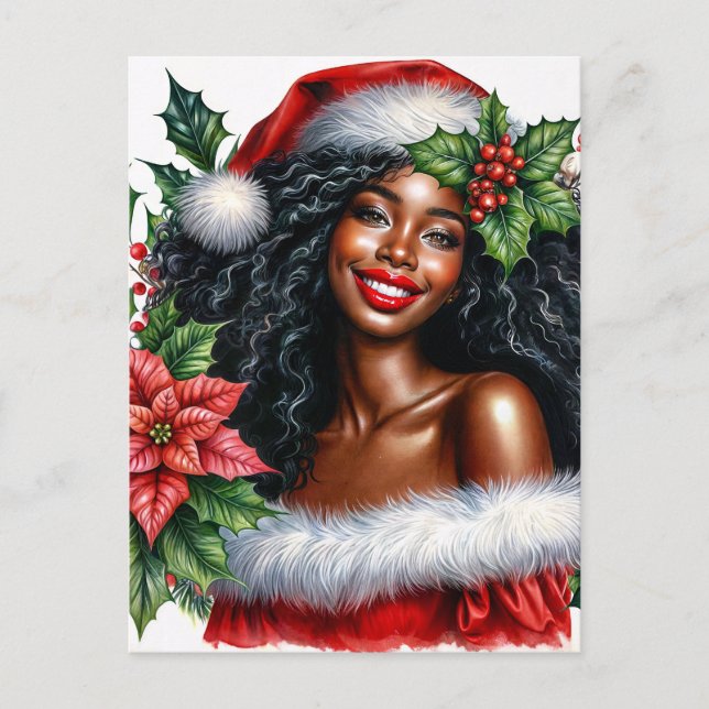 Cartão Postal Black Woman In Santa Hat Christmas (Frente)