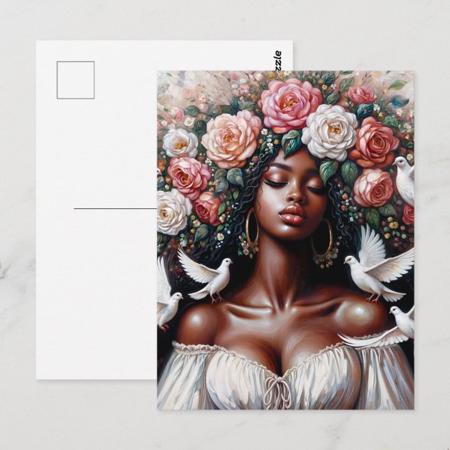 Cartão Postal Black Woman With Doves Floral Art (Frente/Verso)