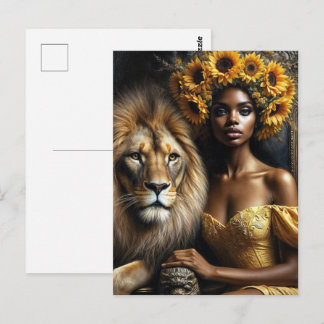 Cartão Postal Black Woman With Lion Sunflower Leo