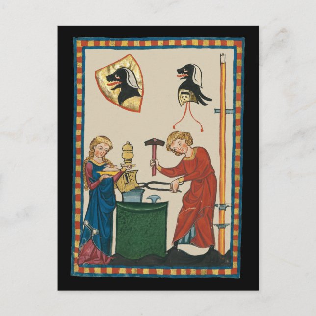 Cartão Postal Blacksmith Forging Helmet Medieval Art (Frente)