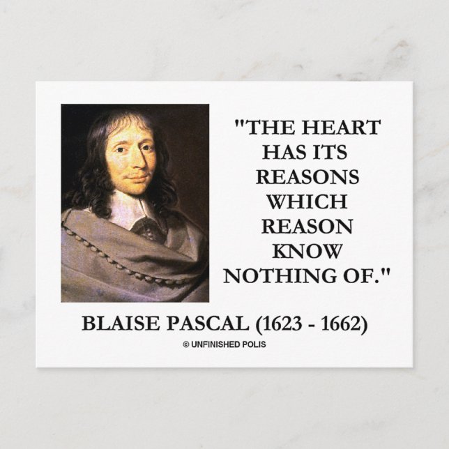 Cartão Postal Blaise Pascal Heart Razões Não Sabem Nada De (Frente)