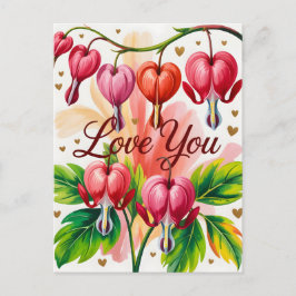 Cartão Postal Bleeding Heart Floral Illustration with Love You 