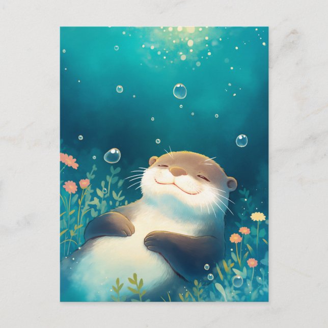 Cartão Postal Blissful Otter Floating in Dreamy Blue Water (Frente)