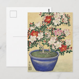Cartão Postal Blooming Azalea em Pote Azul Arte Flor Janpanesa