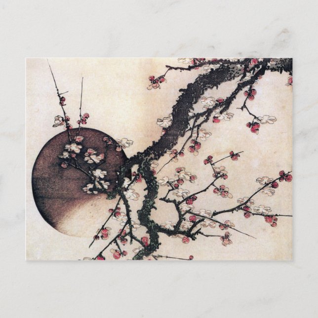 Cartão Postal Blossomas de ameixa e Lua, Hokusai (Frente)