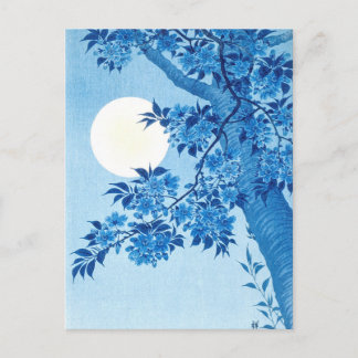 Cartão Postal Blossoming Cherry Moonlit Night Ohara Koson Blue