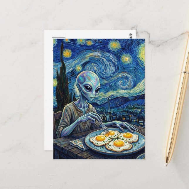 Cartão Postal Blue Alien Eating Fried Eggs Faux Van Gogh (Frente/Verso In Situ)